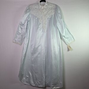 Vintage Natori Satin Lace Nightgown Robe Long Sleeve Pastel Blue Medium